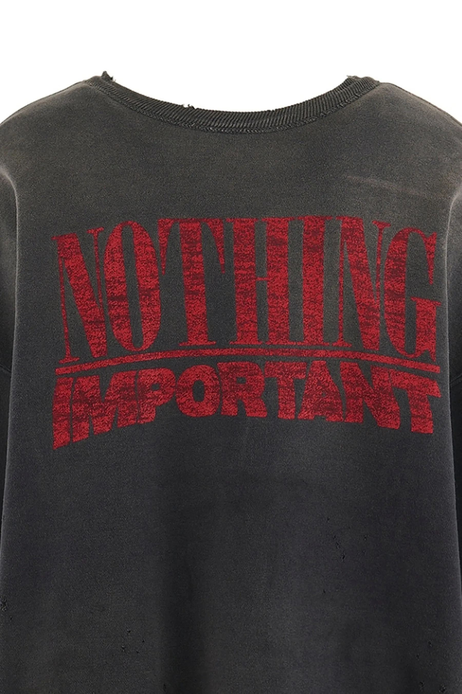 SAINT Mxxxxxx × Kosuke Kawamura KK_CRW SWT/NOTHNG IMP/BLK joint model Holy Infant Tadpole retro distressed sweatshirt, washed black S-XL Assute dyeing, genuine whole garment sprayed with horsetail fading process, collar/cuffs frayed in many places, front and rear panels/sleeves super complicated hanging grinding, heavy washing and distressing, correct fruit mark/angel mark